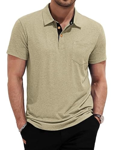 AUSELILY MEN Mens Polo Shirts Short Sleeve Cotton Casual Summer Knit Golf Stylish T Shirts Big and Tall with Pockets Mustard L - Image 1