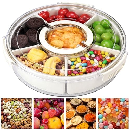Snackle Box Container Divided Serving Tray with Lid, 6-Compartment Portable Spinning Round Stackable Container, Handle for Organize Veggies, Fruit, Candy, Party Snacks, Nuts, Kitchen Party Essentials - Image 1