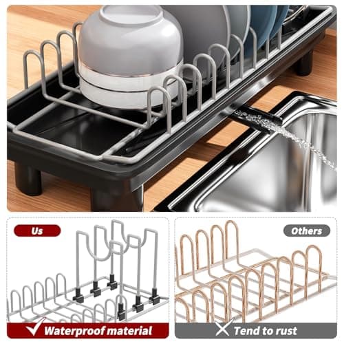 SanDream Small Dish Drying Rack with Removable Utensil Holder & Anti-Scratch Base - Stainless Steel Dish Rack, Dish Drying Rack with Drainage & Space Saving Design for Kitchen Counter, Black - Thumbnail 5