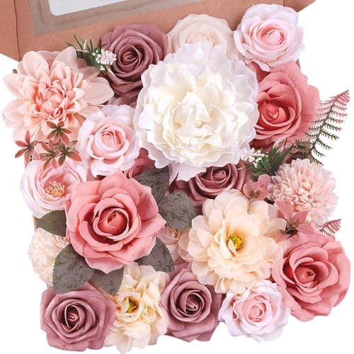 Dusty Pink Artificial Flowers Combo, Fake Silk Blush Dahlia Roses Bulk with Stems Set for Wedding Bridal Bouquets, Baby Shower, Birthday Party, Table Centerpieces, Home Decor & DIY Floral Arrangements - Image 1