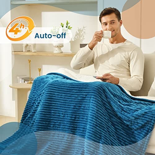 Bearhug Electric Blanket Heated Throw, 50"x60" Ribbed Flannel & Sherpa Fast Heating Blanket, 6 Heating Levels & 4H Auto Off, Over-Heat Protect, ETL, Machine Washable - Thumbnail 5