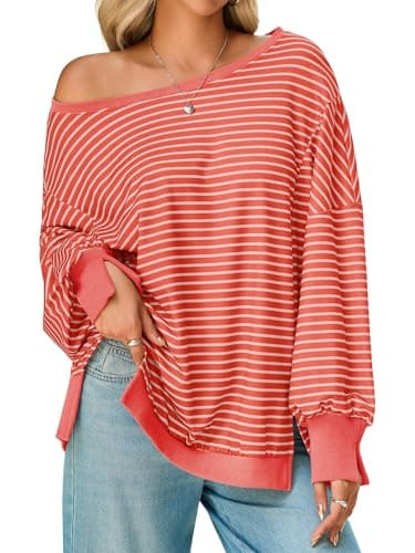 Tankaneo Womens Striped Oversized Sweatshirt Off The Shoulder Lantern Long Sleeve Top Split Fall Trendy Pullover 2025 Red - Image 1
