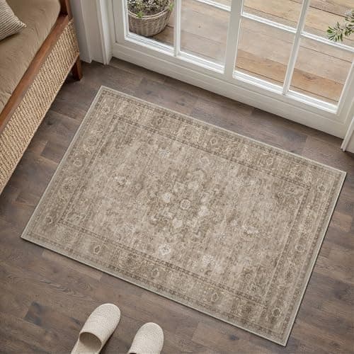 HUGEAR Washable 2x3 Entryway Area Rugs Retro Brown Small Vintage Distressed Non Slip Stain Resistant Low Pile Neutral Throw Carpet for Bedside Kitchen Entryway Home Decor - Image 1