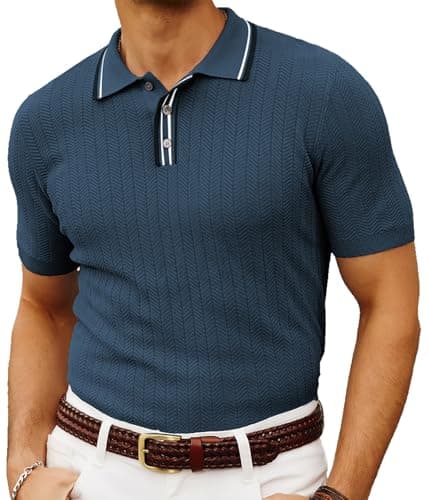 PJ PAUL JONES Polo Shirts for Men Knitted Textured Polo Shirts Collared Knit Polo T-Shirts for Men Night Out Blue M - Image 1