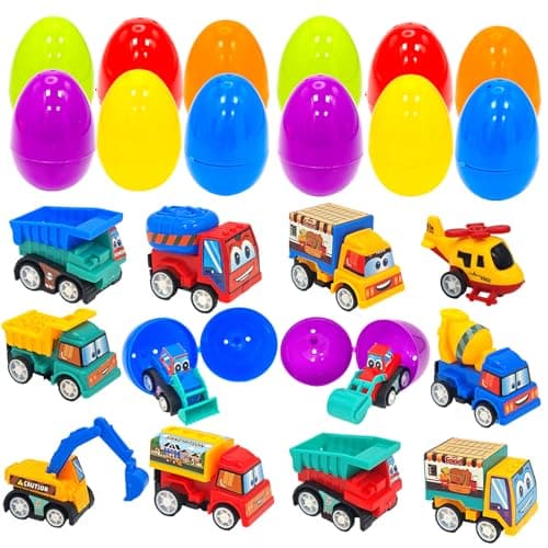 Dasijia 12 Pcs Prefilled Easter Eggs with Toys-Construction Engineering Vehicles, Bright Plastic Easter Eggs Filled with Cars, Easters Basket Stuffers, Party Favors for Kids, Boys Goodie Bags - Image 1