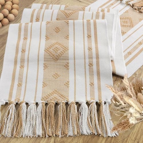 yuboo Boho Table Runner 72 Inches Long, Cream Woven Jacquard Table Runner with Tassels, Neutral Farmhouse Rustic Dresser Runner Decor for Dining Room, Bridal Shower (Geometric Moroccan) - Thumbnail 2
