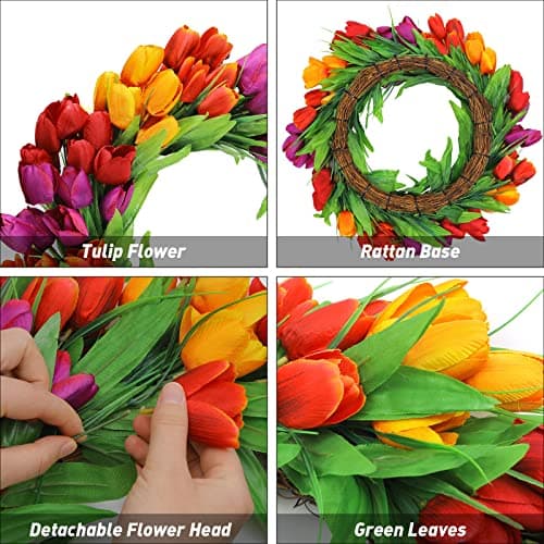 U'Artlines 20 Inch Tulip Wreath for Front Door, Spring Summer Silk Wreath with Green Leaves Artificial Tulip Flower Wreaths for All Seasons Window Wall Wedding Valentines Day Decor - Thumbnail 4