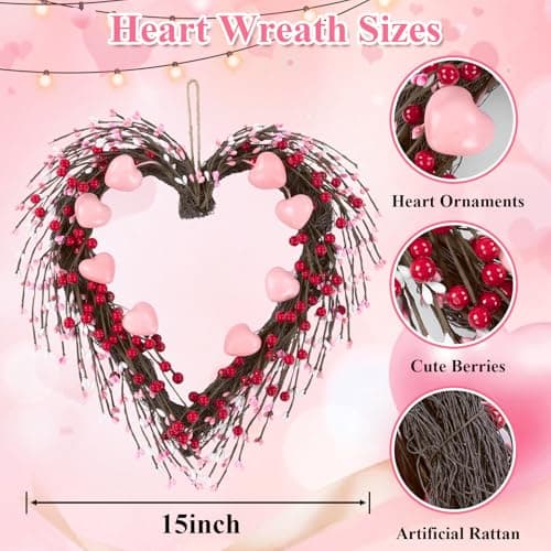 U'Artlines 15 Inch Valentine’s Day Wreath, Pink Heart Shaped Door Wreath with Cute Berries for Valentine’s Day Gift Wedding Anniversary Festival Front Door Wall Decor - Thumbnail 4