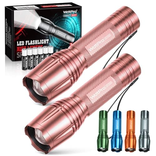 WdtPro LED Flashlight High Lumens SR2000 Pro, 2 Pack Brighter Tactical Flashlights with 5 Modes & Zoomable, Powerful Mini Flash Light for Emergency, Camping, Hiking (Pink) - Image 1