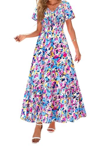 PRETTYGARDEN Boho Dresses for Women 2026 Summer Floral Short Sleeve V Neck Smocked Flowy Beach Vacation Maxi Dress (Multicolored Floral,XX-Large) - Image 1