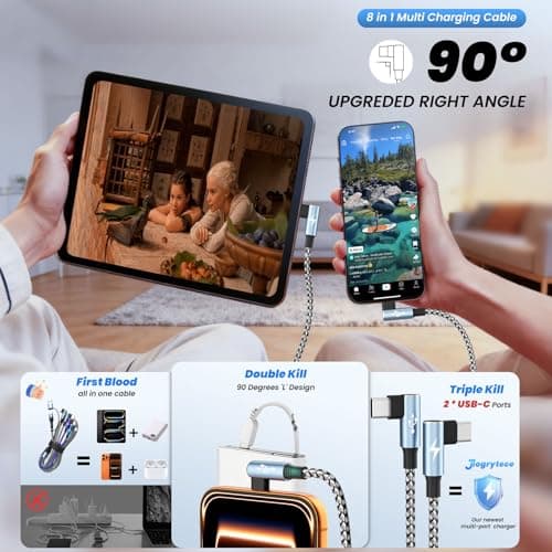 90 Degree Phone Charger, 4 in 2 Multi Charging Cable, USB C CarPlay Cord Charger Cables with Dual Type-C, Micro USB, IP Port, Nylon USBC Cord Right Angle Compatible with Phone17/16/15, Android, 5FT - Thumbnail 2
