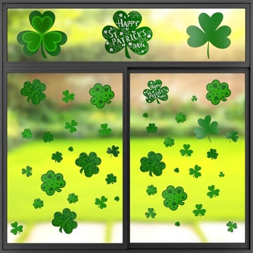 Oeyliz St Patricks Day Window Clings Shamrock Window Stickers St Patricks Day Decorations Shamrock Decals Double-Sided Printed Window Stickers 108PCS Reusable Windows Office Home Party Decorations - Image 1