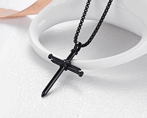 Rehoboth Men's Stainless Steel Nail Cross Pendant Necklace for Womens Mens With 24 Inch Chain Polished Black - Thumbnail 4