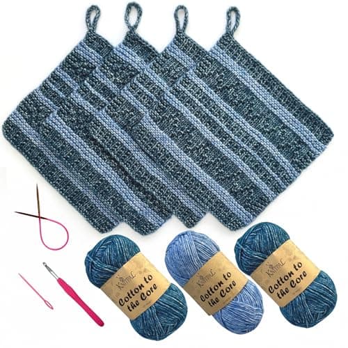 KnitPal Everyday Joy Knitting Kit – Make 4 Reusable Dishcloths for Confident Beginners – Cotton to The Core Yarn (#3 DK), Needles, Patterns & Video Tutorials (Jean Blue + Sky Blue) - Image 1