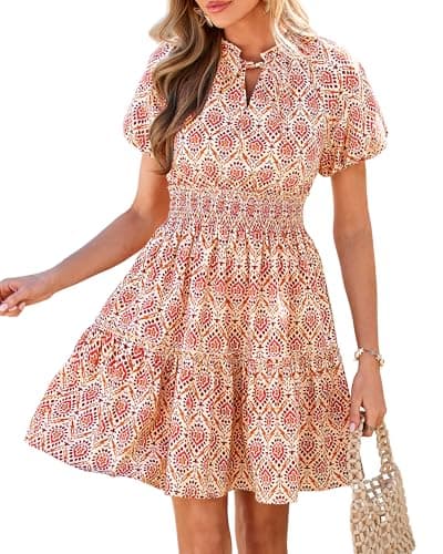 BTFBM Summer Dresses for Women 2026 Ruffle Short Sleeve Elastic Waist Tiered Floral Mini Dress Beach Vacation Sundresses(Floral Apricot Red, Small) - Image 1
