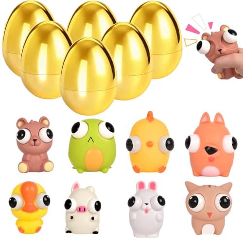 Aurdox 8 Pack Jumbo Golden Easter Eggs Fillers with Popping Eyes Fidget Toys, Squeeze Animals for Stress Relief, Easter Basket Stuffers & Easter Hunt Party Favors Classroom Prize Gifts for Kids - Image 1