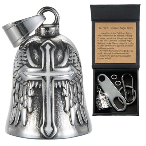 CTZSR Motorcycle Bell Guardian Angel - Good Luck Charm Gift For Rider Men Kids Friends With Gift Box, Legend Card, Keychain And Hanger & Weather-resistant Gremlin Bells For Bike Car (White) - Image 1