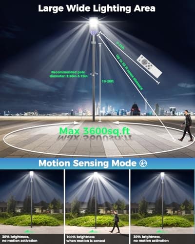 AIKVSXER S-12000W Solar Street Lights Outdoor, 6500K Commercial Dusk to Dawn Parking Lot Light, Waterproof IP67 Solar Security Flood Lights with Motion Sensor and Remote for Street,Road,Yard, 1 Pack - Thumbnail 5