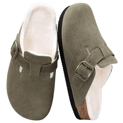 Fuzzy Suede Clogs for Women Fur Lined Leather Mules Soft Non Slip Potato Shoes with Arch Support Green - Image 1