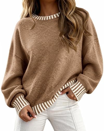 KIRUNDO Oversized Sweaters for Women 2026 Long Sleeve Crewneck Fall Tops Contrast Chunky Knit Pullover Winter Clothes(Khaki, Small) - Image 1