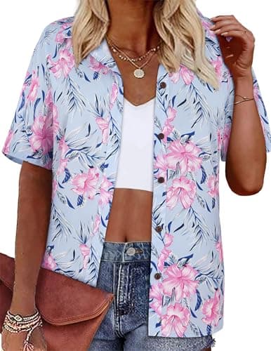 LILYCHIC Womens Short Sleeve Hawaiian Shirts Button Down Casual Floral Tropical Summer Beach Hawaiian Blouses Tops Purple M - Image 1