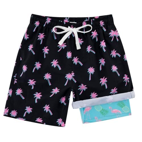 swimsobo Boys Swim Trunks Size 7 Kids Swimming Shorts with Compression Liner Black Flamingo Printed Boardshorts Bathing Suit - Image 1