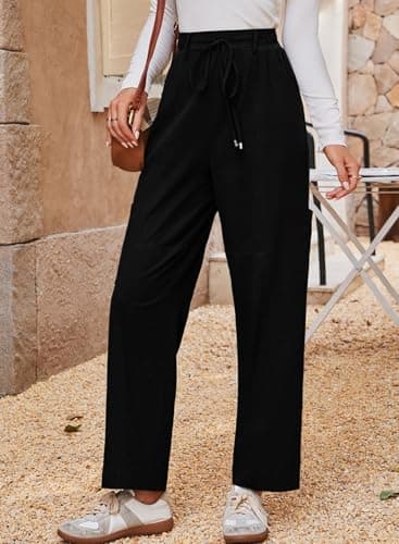 Dokotoo Linen Pants Women High Waisted Drawstring Stretch Pants 100% Cotton Casual Loose Outdoor Travel Trousers Elastic Waistband with 4 Pockets Black - Thumbnail 4