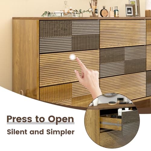 Hadulcet Wooden Dresser for Bedroom, 55” Wide Mid Century Modern Fluted 9 Drawers Dresser Storage Clothes for Closet Organizer, Handleless Design, Push to Open, Dark Wood - Thumbnail 4