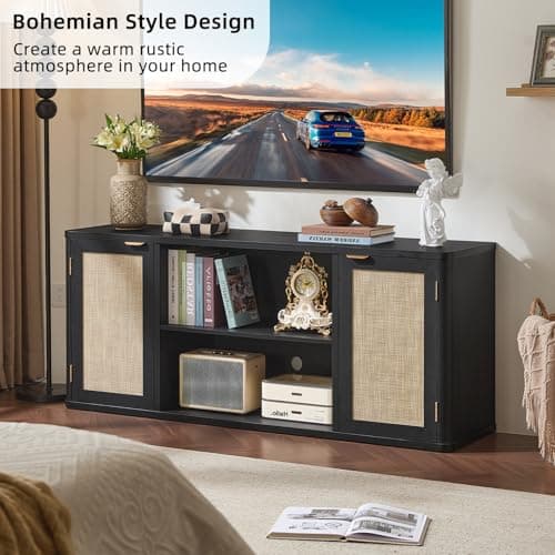 LEYAOYAO Rattan TV Stands for Living Room, Black - Thumbnail 5