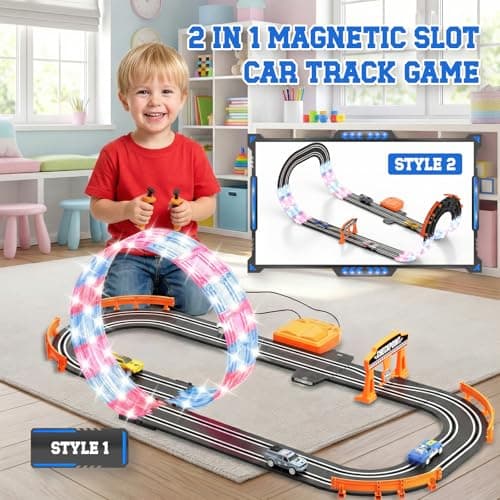 9.86ft 2-in-1 Slot Car Track Sets Toy - with 4 Cars, Battery or Electric Car Track Set with Dual Racing Game, Flash Circular Track, Lap Counter,Birthday Xmas Gifts Toys for Boys(S2-Raven) - Thumbnail 2