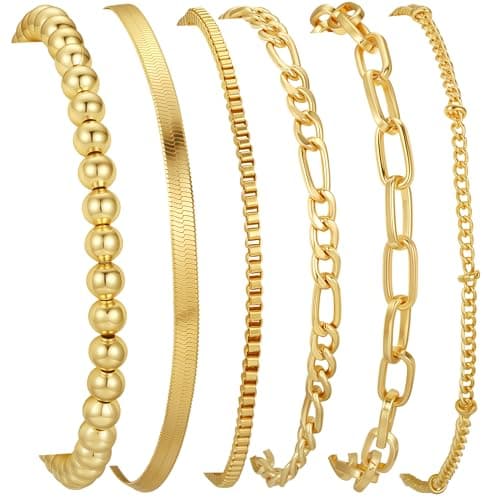 Mujahid Gold Bracelets for Women Waterproof, 14K Gold Plated Bracelets Stack Adjustable Jewelry Set for Gifts;Trendy Thin Dainty Stackable Cuban Link Paperclip Chain Bracelet Pack Fashion Accessories - Image 1