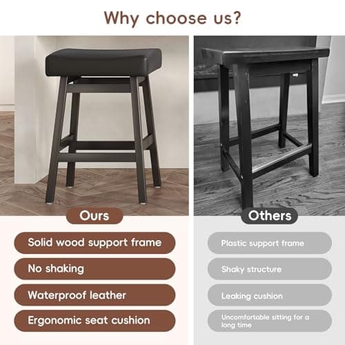 26 Inch Counter Height Bar Stools Set of 6, Backless Saddle Stools with Bonded Leather Seats, Stylish Barstools for Kitchen Island, Dining, Home Bar (Black, Set of 6) - Thumbnail 6