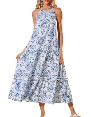 Women's Maxi Boho Dress Casual Summer Sleeveless Loose Long Floral Sundresses Flowy Halter Tiered Beach Vacation Blue L - Image 1