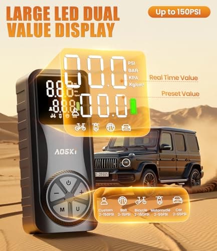 AOSKI Tire Inflator Portable Air Compressor: 150PSI Rechargeable Air Pump with Digital Pressure Gauge, LED Light and Auto Shut-Off - Fast Inflation for Car, Motorcycle, Bike, and Ball - Black - Thumbnail 4