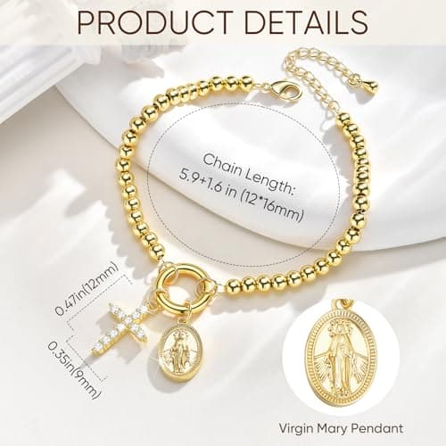 Womens Gold Beaded Cross Bracelet - 14k Gold Plated Virgin Mary Bracelets,Non Tarnish Religious Rosarios Catolicos Virgen de Guadalupe Cross Jewelry,Catholic Confirmation Baptism Gifts for Woman - Thumbnail 5