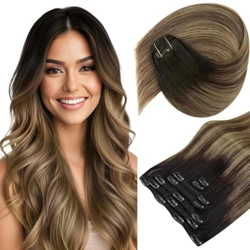 Sunny Hair Clip in Hair Extensions Real Human Hair 120g Remy Hair Clip in Extensions for Women Human Hair Extensions Black Ombre Brown Balayage Caramel Blonde 22 Inch