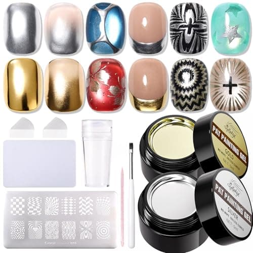 Metallic Gel Nail Polish Set, 2Pcs Silver & Gold Mirror Painting, Stamping Gel Polish with Nail Art Stamp Plate & Stamper Scraper Kit, Soak Off UV LED Gel Polish for Metal Lines, French Tips - Image 1