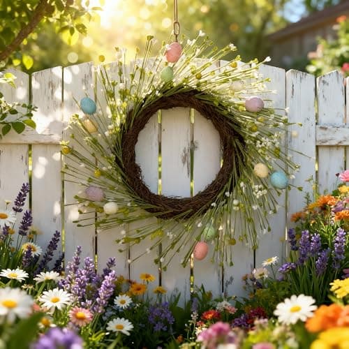 HipTree 16 Inch Farmhouse Easter Wreath for Front Door, Artificial Pastel Spring Wreath with Mini Easter Eggs, Handcrafted Wreaths for Entryway Mantel Window Indoor Outdoor Decorations - Thumbnail 4