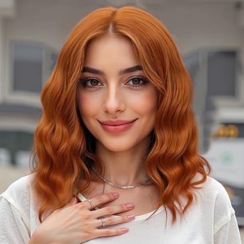 Uioxvn Ginger Orange Short Wavy Synthetic Wig Lace Hairline Bob Style Heat Resistant Fiber Wigs for Women Shoulder Length Copper Middle Part Natural Appearance Everyday Hairstyle 14 Inch - Image 1