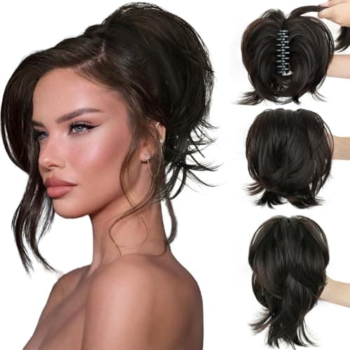 Sotpmal Short Claw Clip Ponytail Extension, DIY Bendable Metals for Messy Bun & Natural Wavy Look, Heat Resistant Synthetic Hairpiece for 3-Minute Fast Styling, Daily & Party-Black - Image 1