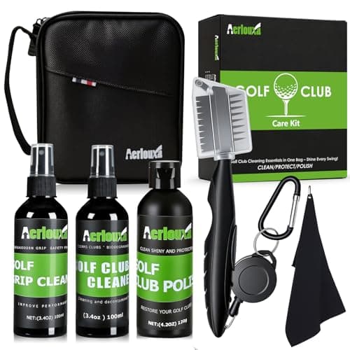 Aerlouxa 6-in-1 Golf Club Cleaning Kit - Club Cleaner, Grip Cleaner, Polish, Water-Spray Brush,Professional Golf Towel & Portable Bag | Restores Clubs, Removes Rust/Scratches, Renews Tackiness