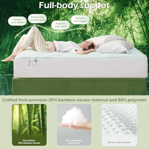 Hansleep Full Size Memory Foam Mattress Pad Topper, Full Foam Mattress Topper Viscose Derived from Bamboo, Full Bed Mattress Pad Cover for Back Pain Relief, 78" x 80", White - Thumbnail 3