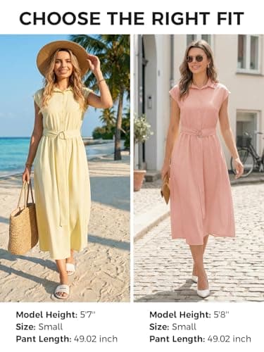 Wenrine Womens Summer Shirt Dress Button Collared Casual Short Sleeve Tie Waist A Line Flowy Long Maxi Dresses Navy - Thumbnail 5