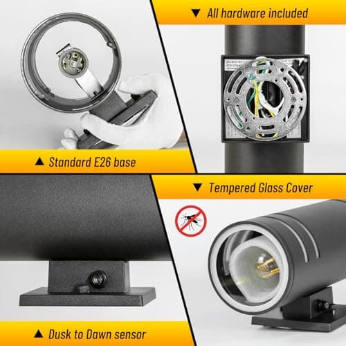 Tesjaso Modern Outdoor Wall Sconce with Dusk to Dawn Sensor, Up Down Exterior Light Fixture, Waterproof Outdoor Light Fixtures Wall Mount for Porch, Garage, Patio - E26 Base, Black Aluminum - Thumbnail 6