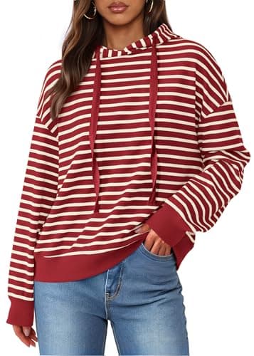 KIRUNDO Sweatshirt For Women Casual Loose Striped Long Sleeve Drawstring Hoodie Pullover Hooded Tops Fashion Clothing(Red, Medium)