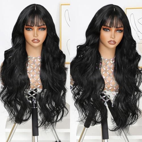 Barbique Black Long Wavy Wig with Bangs, Heat Resistant Synthetic Wig, Beginner Friendly, Natural Look, Adjustable Straps, Glueless Ready to Wear for Daily Party Cosplay Use