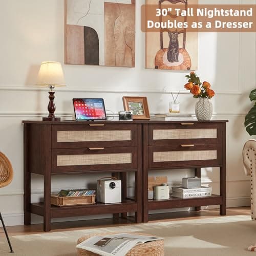 LEYAOYAO 31.5" Wide Rattan Night Stand with Charger Station, Oversized Large Walnut Nightstand with 2 Drawer, Boho Bed Side End Tables with Storage, Tall Bedside Table for Bedroom Living Room, Hallway - Thumbnail 6