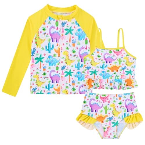 Funnycokid 5T Little Girls Swimsuit Kidss Size 6 Bathing Suit Dinosaur Yellow Ruffle Rashguard Sets Swimwear Zipper Long Sleeve 3 Piece Swimming