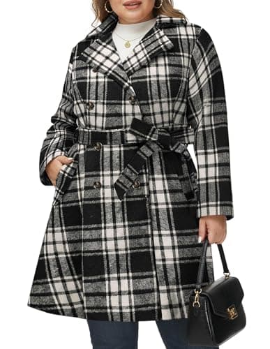 Hanna Nikole Plus Size Womens Pea Coats Dressy Lapel Collar Double Breasted Wool Blend Over Coat Black Plaid 26 Plus - Image 1