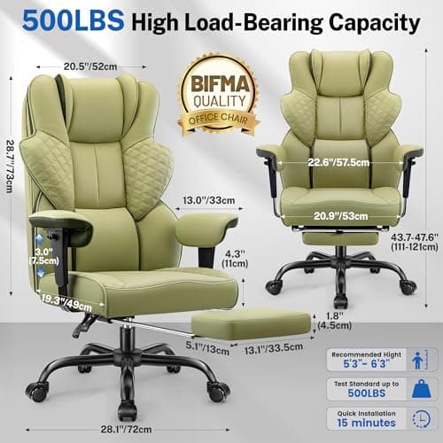 FelixKing Big and Tall Office Chair 500lbs - Ergonomic Desk Chair with Footrest, Scratch-Resistant PU Leather Computer Chair, 4D Lumbar Support Gaming Chair, Comfy Reclining Swivel Work Chair, Green - Thumbnail 2